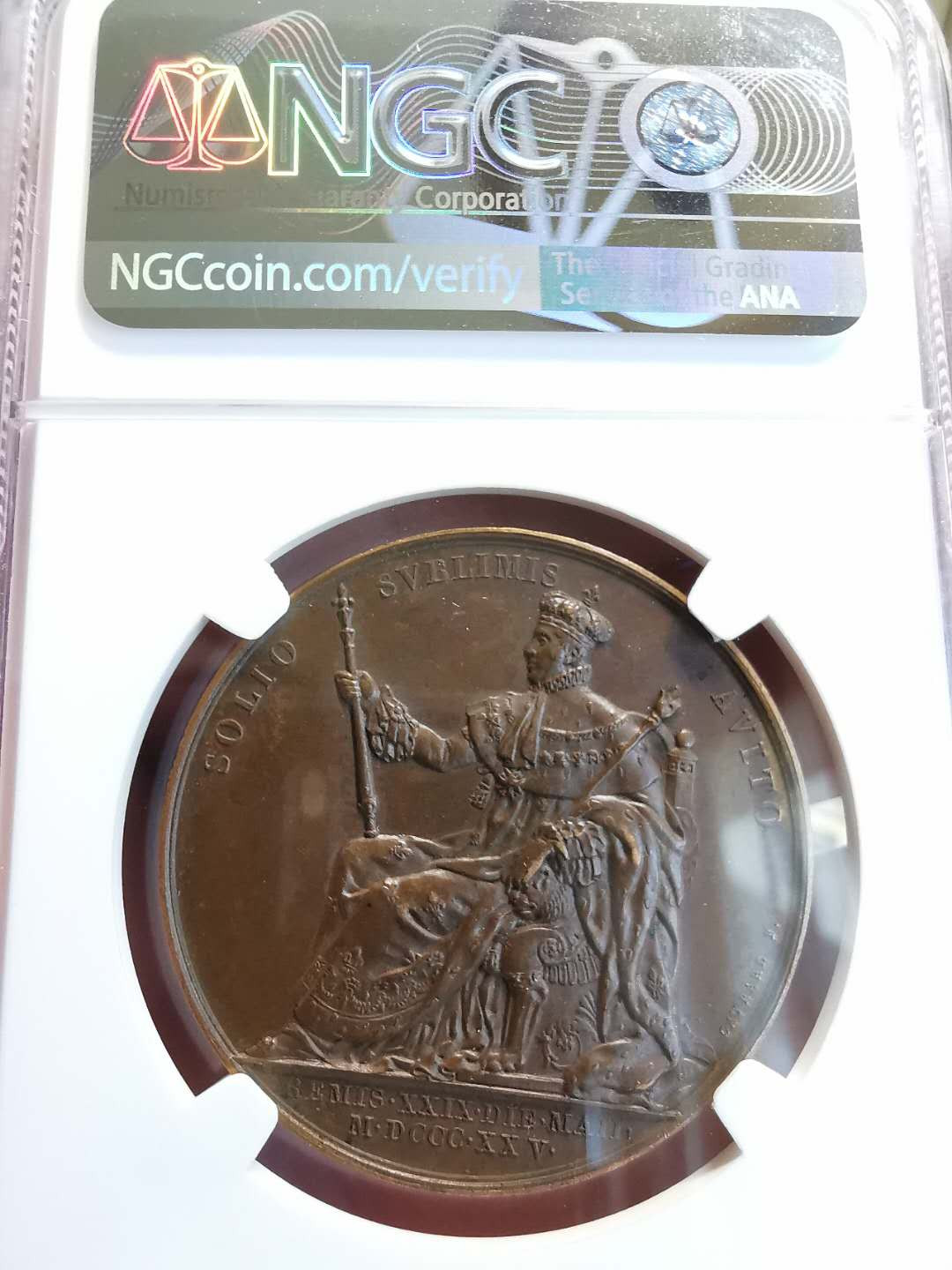 凡希社世界钱币微拍第一百三十六期 荐！1825法国查理十世加冕纪念铜章NGC-MS62雕工精美！