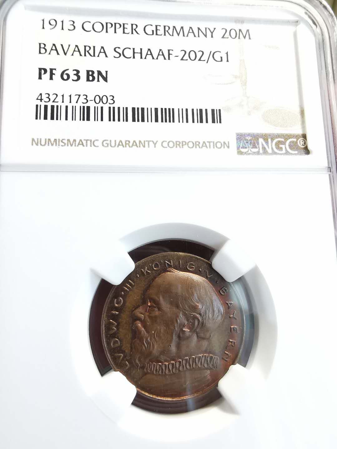 凡希社世界钱币微拍第一百三十六期 1913巴伐利亚20马克金币铜样NGC-PF63