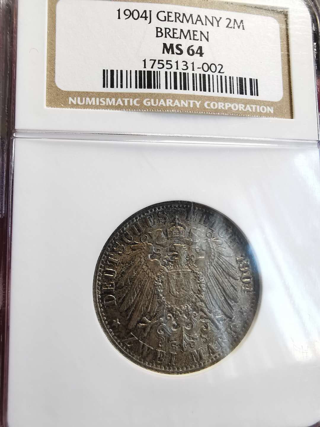 凡希社世界钱币微拍第一百三十六期 荐！1904J德国不来梅2马克NGC-MS64烟色包浆顶级品！