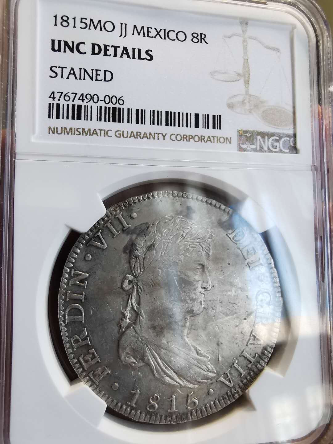 凡希社世界钱币微拍第一百三十六期 1815墨西哥费七双柱NGC-UNCD