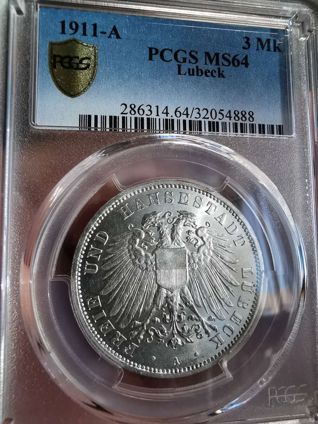 凡希社世界钱币微拍第一百三十六期 荐！1911德国吕贝克3马克双头鹰PCGS-MS64