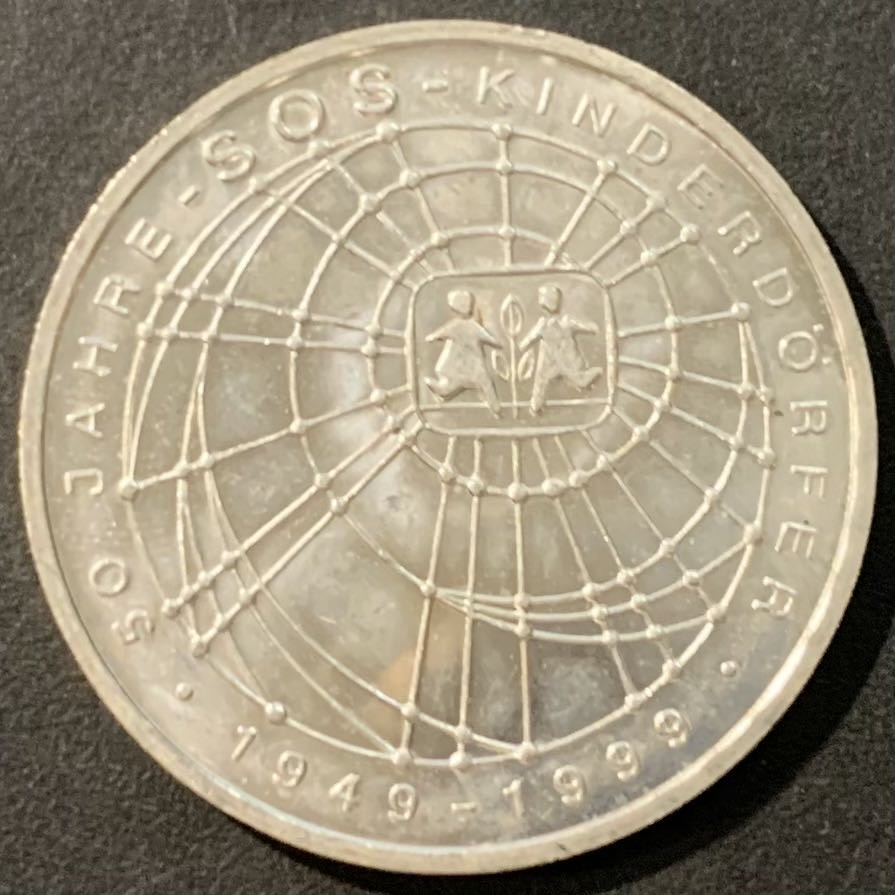 紫瑗钱币—微拍第129期  德国 1999年 J厂 SOS儿童村50周年 10马克 15.5克 0.925银