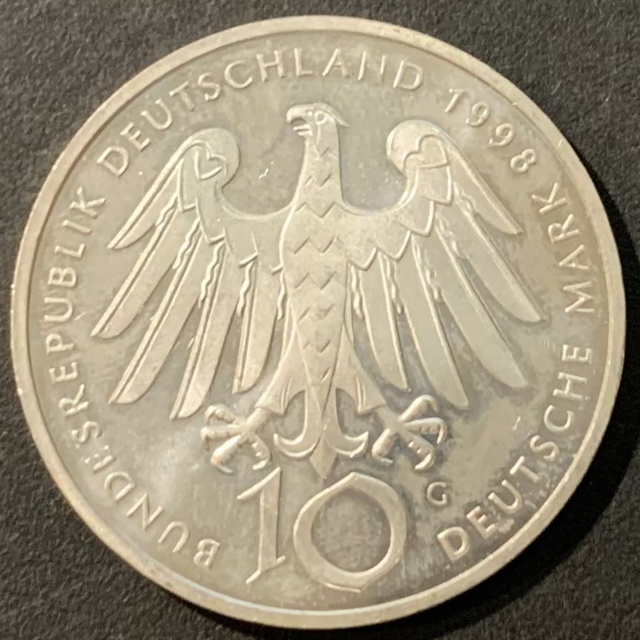 紫瑗钱币——微拍第115期 德国 1998年 G厂 希尔德加德·冯诞辰900周年 10马克 15.5克 0.925银
