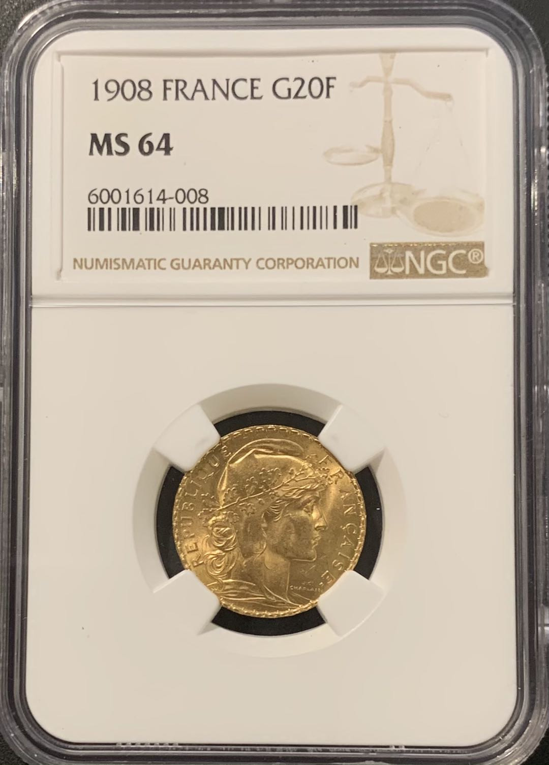 紫瑗钱币——微拍第115期 法国 1908年 玛丽安娜 20法郎 6.45克 0.9金 NGC MS64