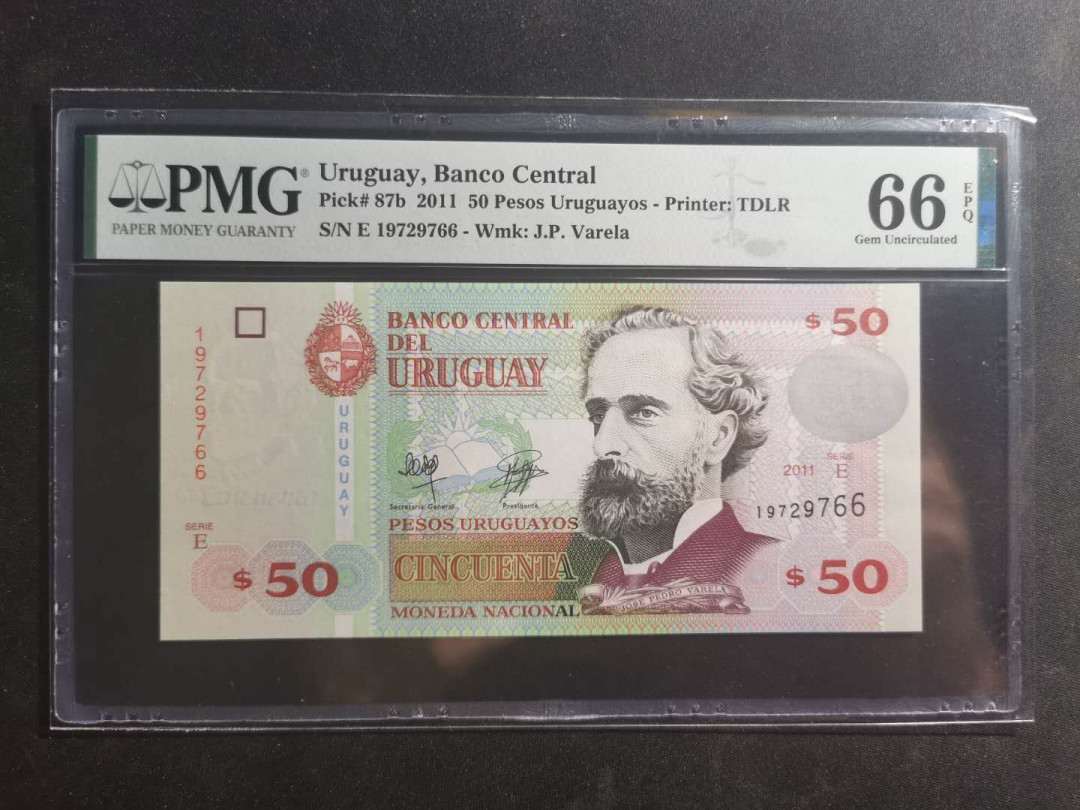 【鲸贝乐淘】千字文·第“升阶纳陛，弁转疑星”号拍卖 【乌拉圭🇺🇾 】2011年50比索，PMG66E 