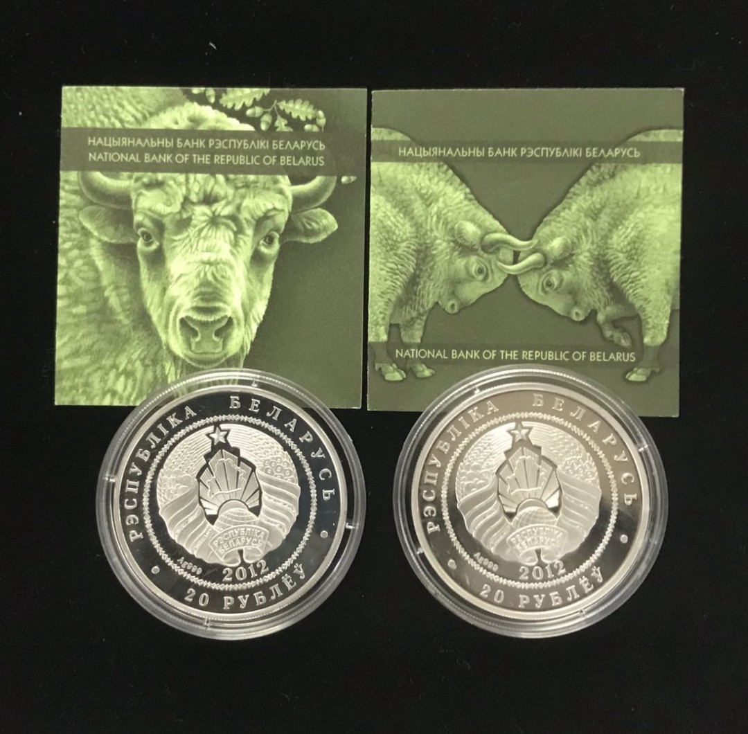 【随心拍&Getcoins】钱币拍卖第七十三期～ 白俄罗斯2012年动物野牛20卢布银币（1）欧洲野牛（2）两枚一起