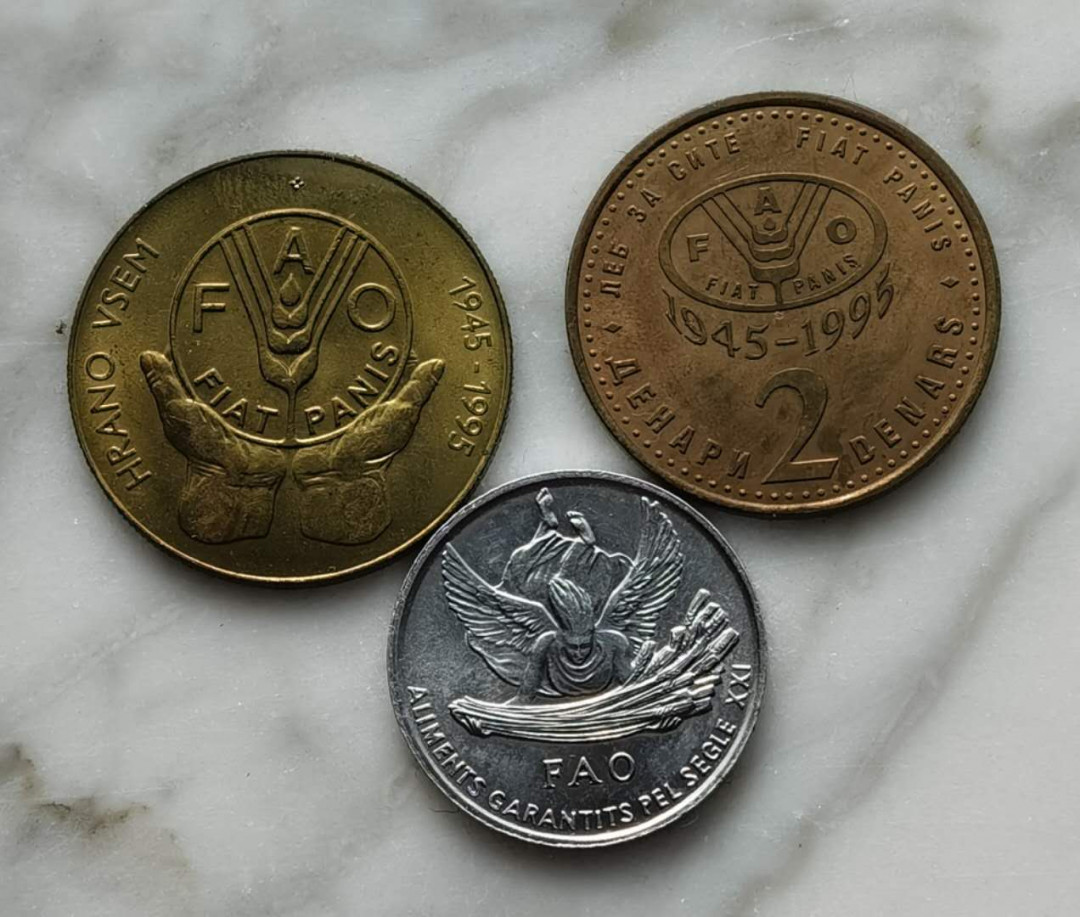 北京马甸外币专卖拍卖第二十七期，非贵金属流通币，纪念币专场，陆续上新，欢迎关注。 马其顿，斯洛文尼亚，安道尔三国FA0（粮食日）纪念币，三枚。品相如图