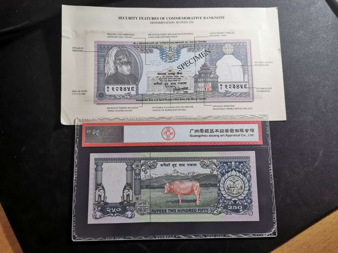【鲸贝乐淘】千字文·第“升阶纳陛，弁转疑星”号拍卖 【尼泊尔】1997年250卢比，纪念钞，爱藏66E，带原封套