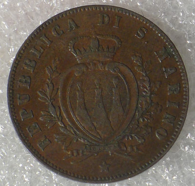 世界钱币章牌书籍专场拍卖11.01 1869年 圣马力诺 5分铜币