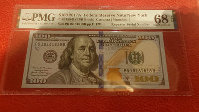 【囧羊收藏】精选微拍第1期~世界钱币场 2017A版美国100美元 顶级靓号18181818 PMG68E高分（已售出勿拍谢啦）