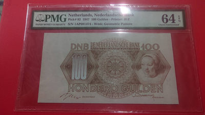 【囧羊收藏】精选微拍第1期~世界钱币场 1947年荷兰100盾 PMG64E 全新UNC（就是居中偏离很厉害）