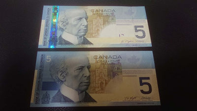 【囧羊收藏】精选微拍第1期~世界钱币场 加拿大5元纸币 初版+再版各一张 全新UNC