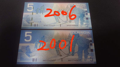 【囧羊收藏】精选微拍第1期~世界钱币场 加拿大5元纸币 初版+再版各一张 全新UNC