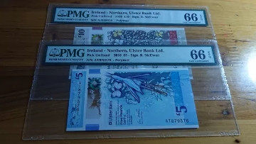 【囧羊收藏】精选微拍第1期~世界钱币场 2019年北爱尔兰 Ulster银行5镑+10镑 PMG66E一对尾2同号 全新保真 最佳纸币