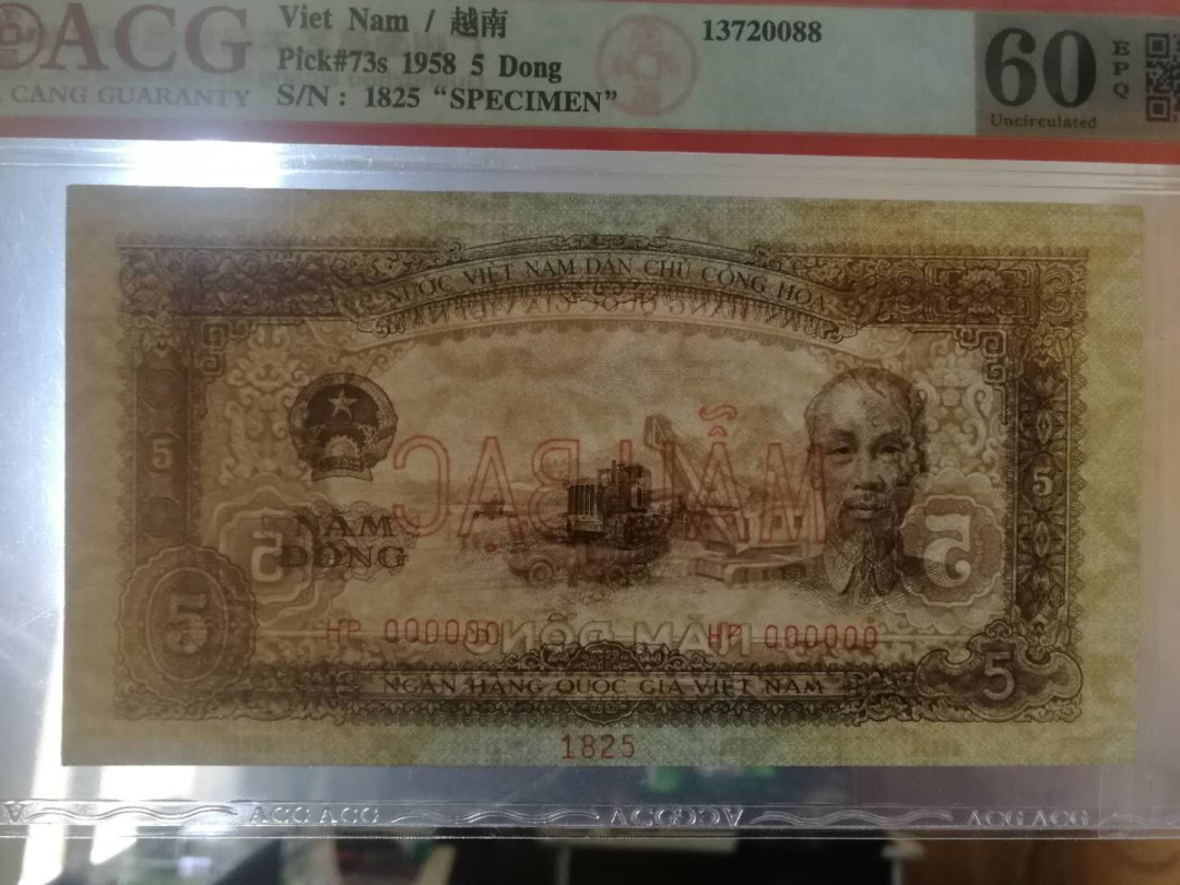 【鲸贝乐淘】千字文·第“右通广内，左达承明”号拍卖 【中国代印·票样】1958年越南🇻🇳 5盾，票样样币，海鸥星水印，爱藏60E，稀有品种