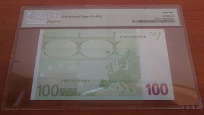 【囧羊收藏】精选微拍第1期~世界钱币场 2002年100欧元（三签）豹子号666 PMG64E 汇率价起拍