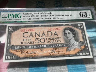 【Blue Auction】世界纸币精拍第34期——帕米拉古城遗址(共60拍） - 【999豹子号】加拿大 1954年50元 较少面值 女王纸币 精美 PMG63EPQ 
