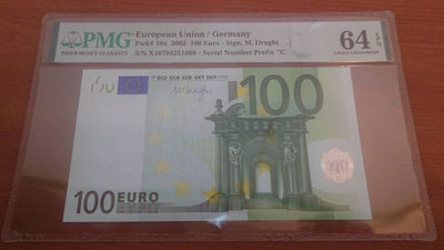 【囧羊收藏】精选微拍第1期~世界钱币场 2002年100欧元（三签）豹子号666 PMG64E 汇率价起拍