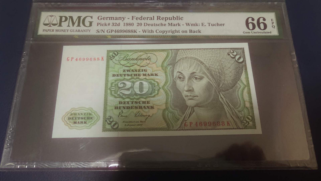 【囧羊收藏】精选微拍第2期~中外钱币场 双11特别版 1980年德国20马克 PMG66E 尾号88