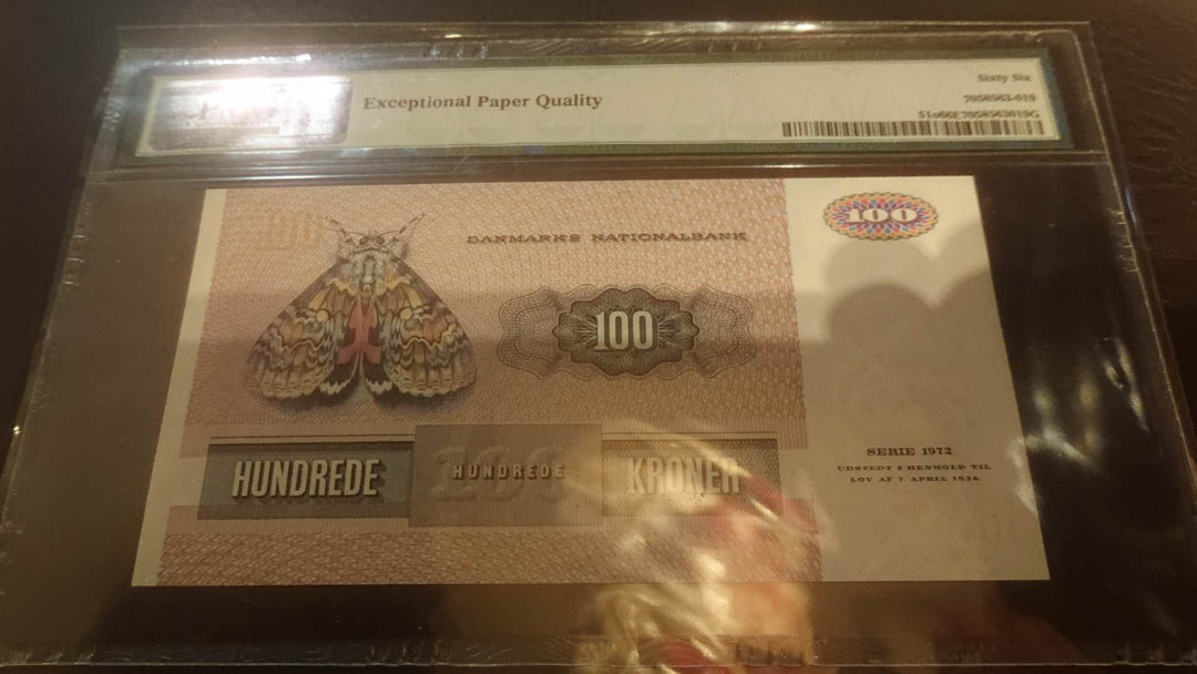【囧羊收藏】精选微拍第2期~中外钱币场 双11特别版 1972（ND1986）年丹麦100克朗（初版无金属线）PMG66E