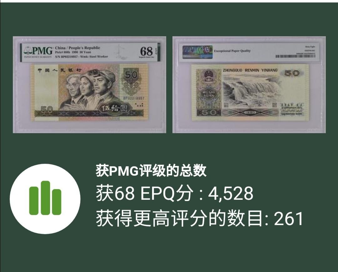 【买狮骑】微拍第四期，欢迎参拍！ 9050金星绿波PMG评级68EPQ。9050软黄金，号码BP02218957,全程无4。金星绿波正面金色繁星，背面绿色碧浪，漂亮异常！金星绿波只存在几个极少冠号，存世量稀少，投资收藏佳品！68高分更是难得。喜欢的拍下按图发货！