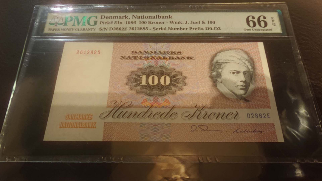 【囧羊收藏】精选微拍第2期~中外钱币场 双11特别版 1972（ND1986）年丹麦100克朗（初版无金属线）PMG66E