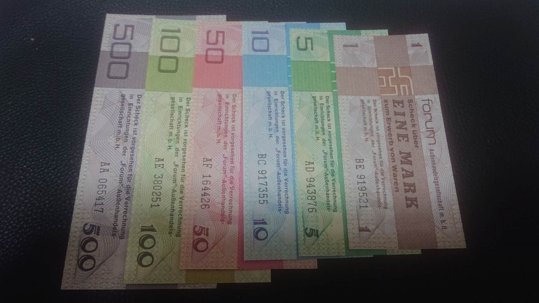 【囧羊收藏】精选微拍第2期~中外钱币场 双11特别版 1979年德国外汇券 1,5,10,50,100,500六张 全新UNC