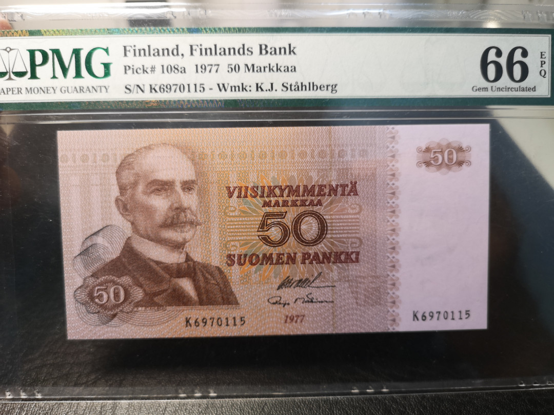 《外钞收藏家》第九十期 拍卖 芬兰1977年50马克 pmg66 