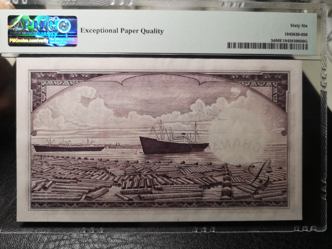 《外钞收藏家》第九十期 拍卖 加纳1962年5镑  A/1首发  精美大票  pmg66 