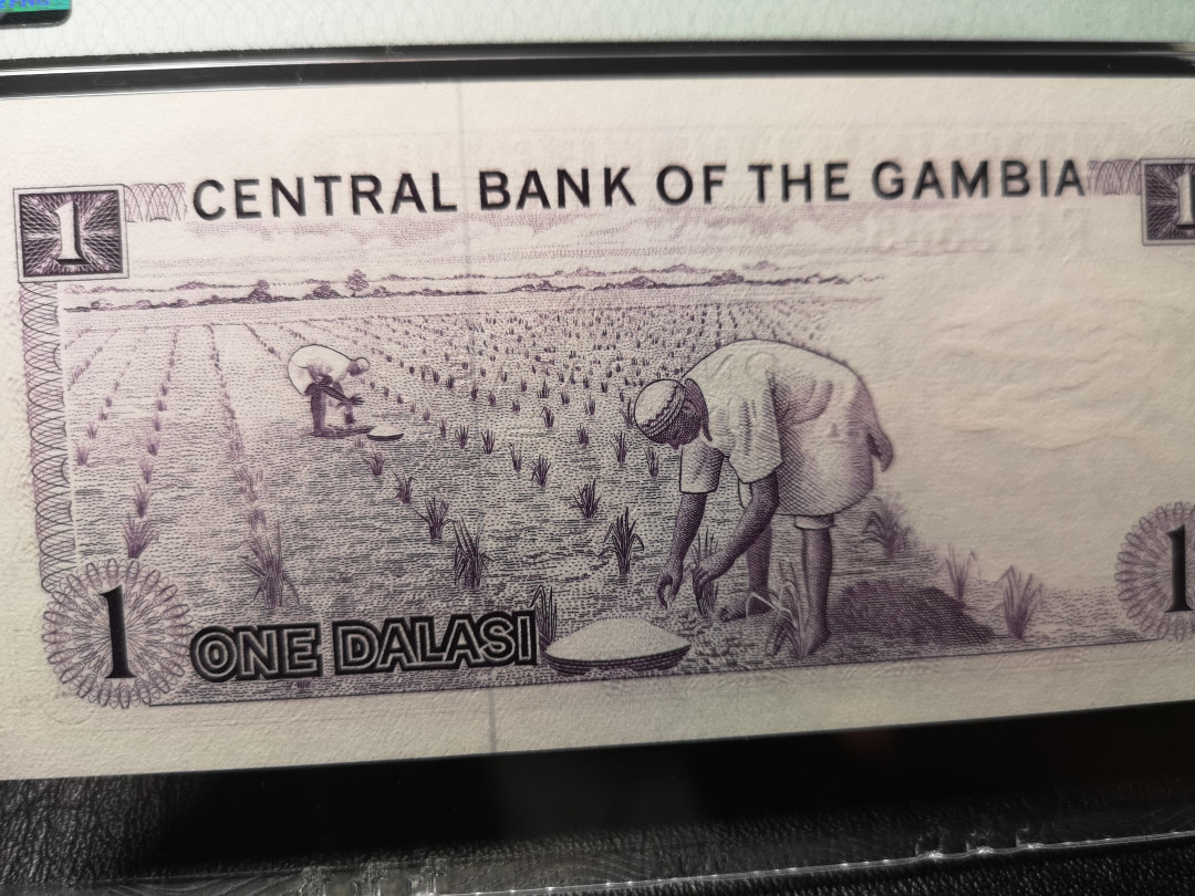 《外钞收藏家》第九十期 拍卖 冈比亚1971-87年 1 pmg67 漂亮的背面