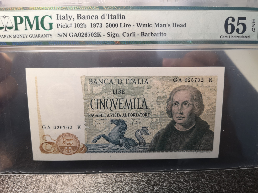 《外钞收藏家》第九十期 拍卖 1973年意大利5000  哥伦布 pmg65