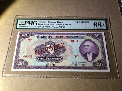 【Blue Auction】世界纸币精拍第36期——双11专场(共85拍） - 土耳其 1930年 50里拉 早期版本 国父凯末尔 羊群 美钞公司 雕刻精美 大票幅 PMG66EPQ 样钞 目录价1000美金
