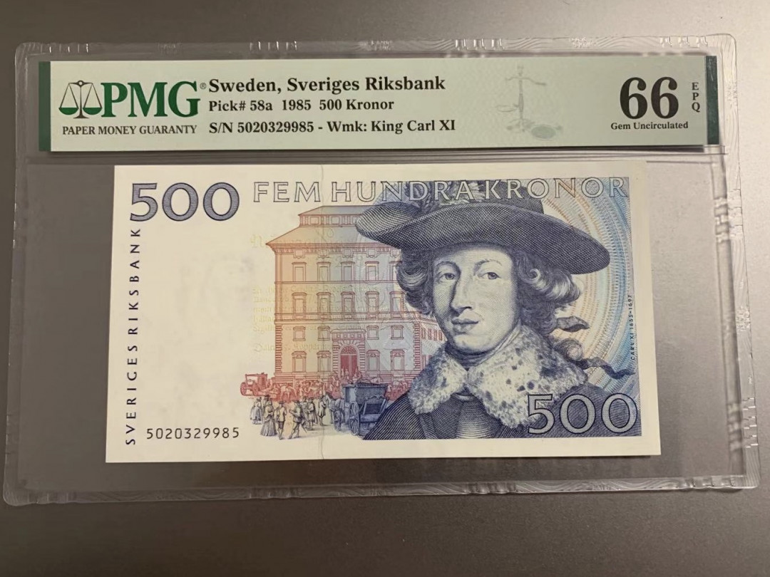 《张总收藏》第四期——裸币天堂 瑞典500克朗 PMG66 1986年初版 稀少蓝卡尔 无4 7