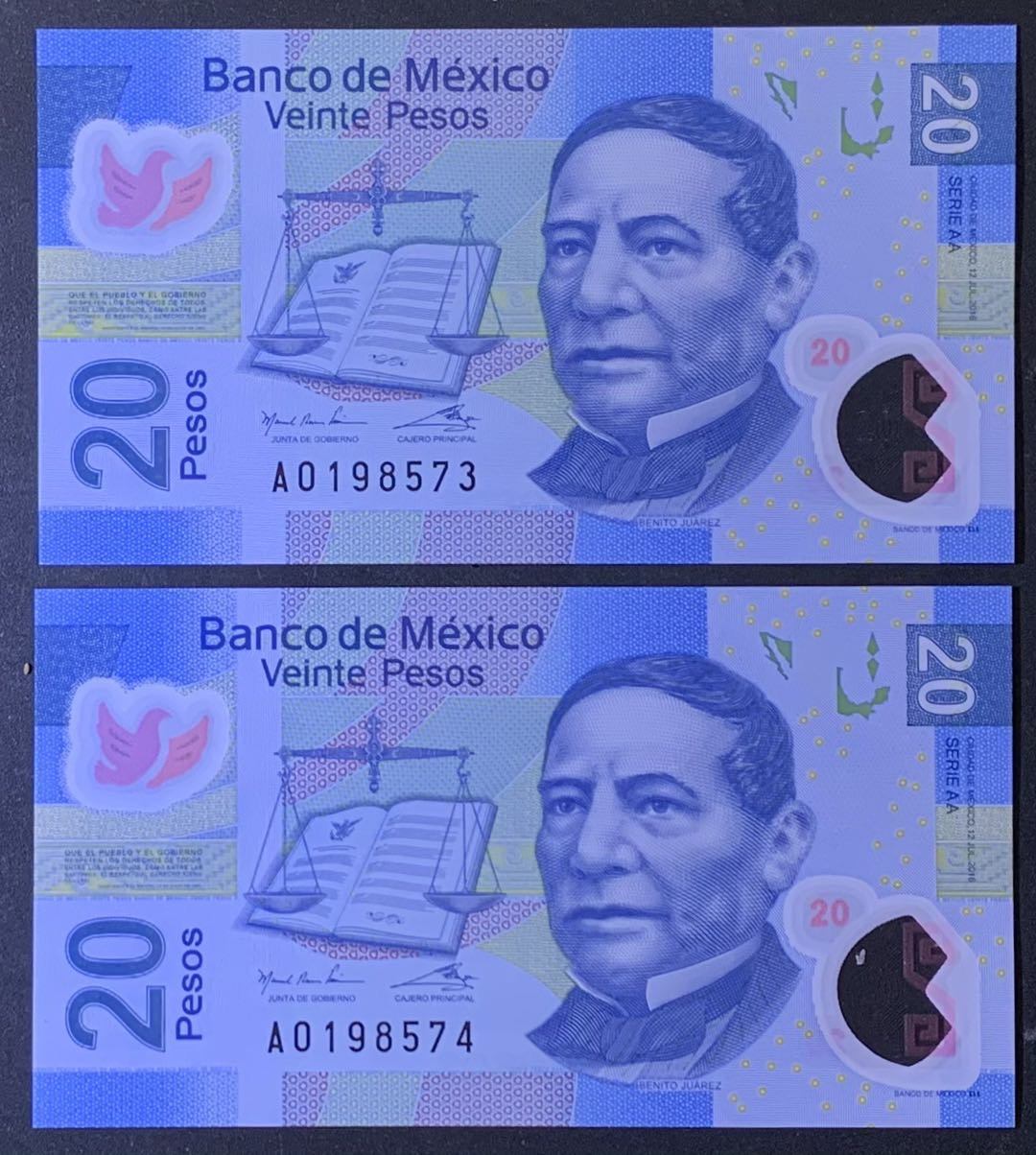 紫瑗钱币—微拍第118期 —纸币场 墨西哥 2016年  20比索 塑料币 AA系列A冠 首发 UNC  2枚一组