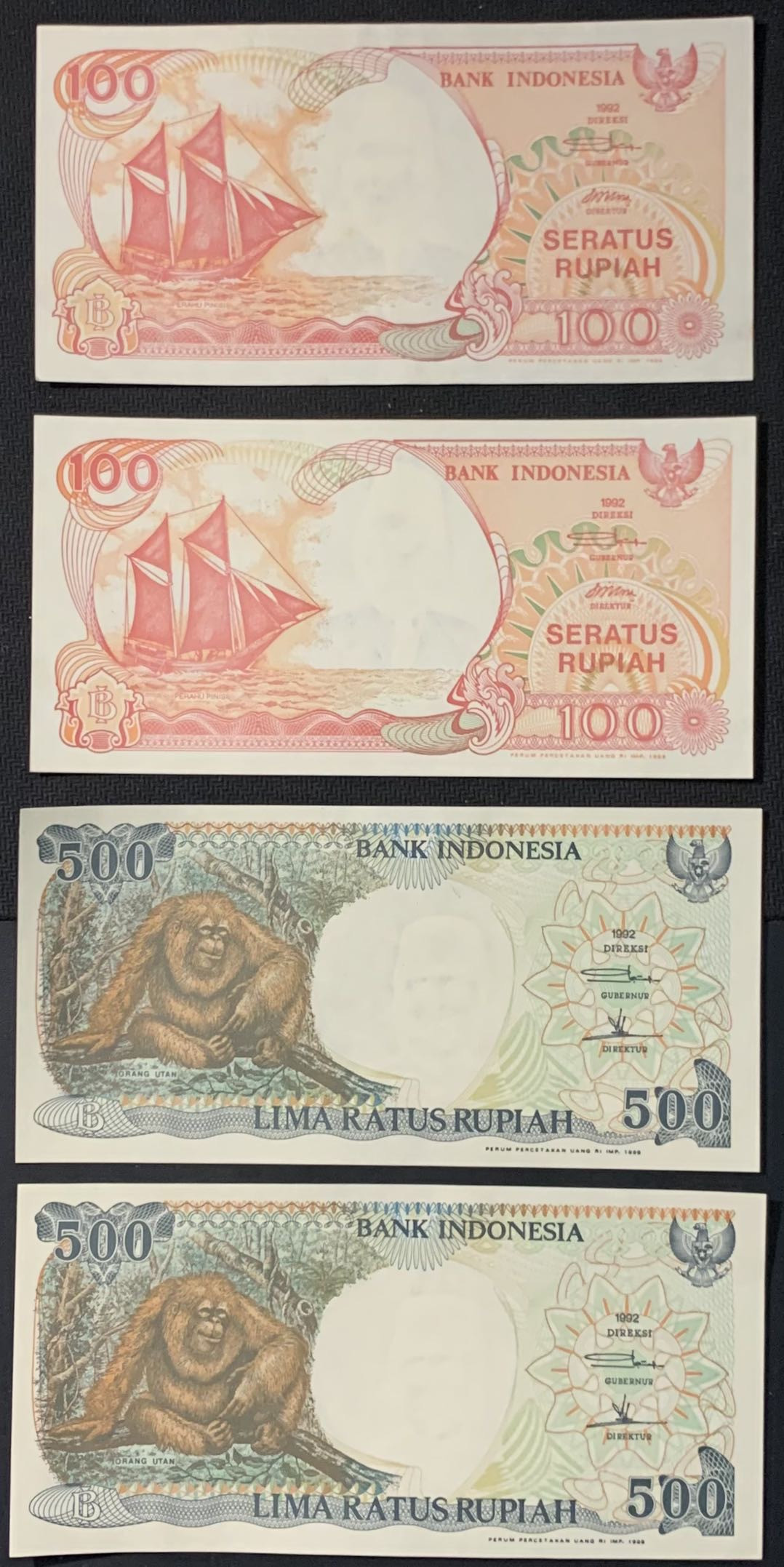 紫瑗钱币—微拍第118期 —纸币场 印度尼西亚 1992年 船 大猩猩 100 500卢比 4枚一组 UNC （P-127c 128h）