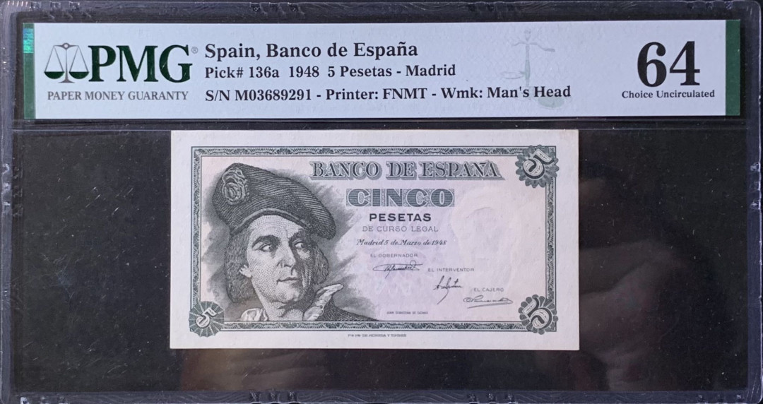 紫瑗钱币—微拍第118期 —纸币场 西班牙 1948年 胡安 塞瓦斯蒂安 5比塞塔 PMG 64 （P-136a）