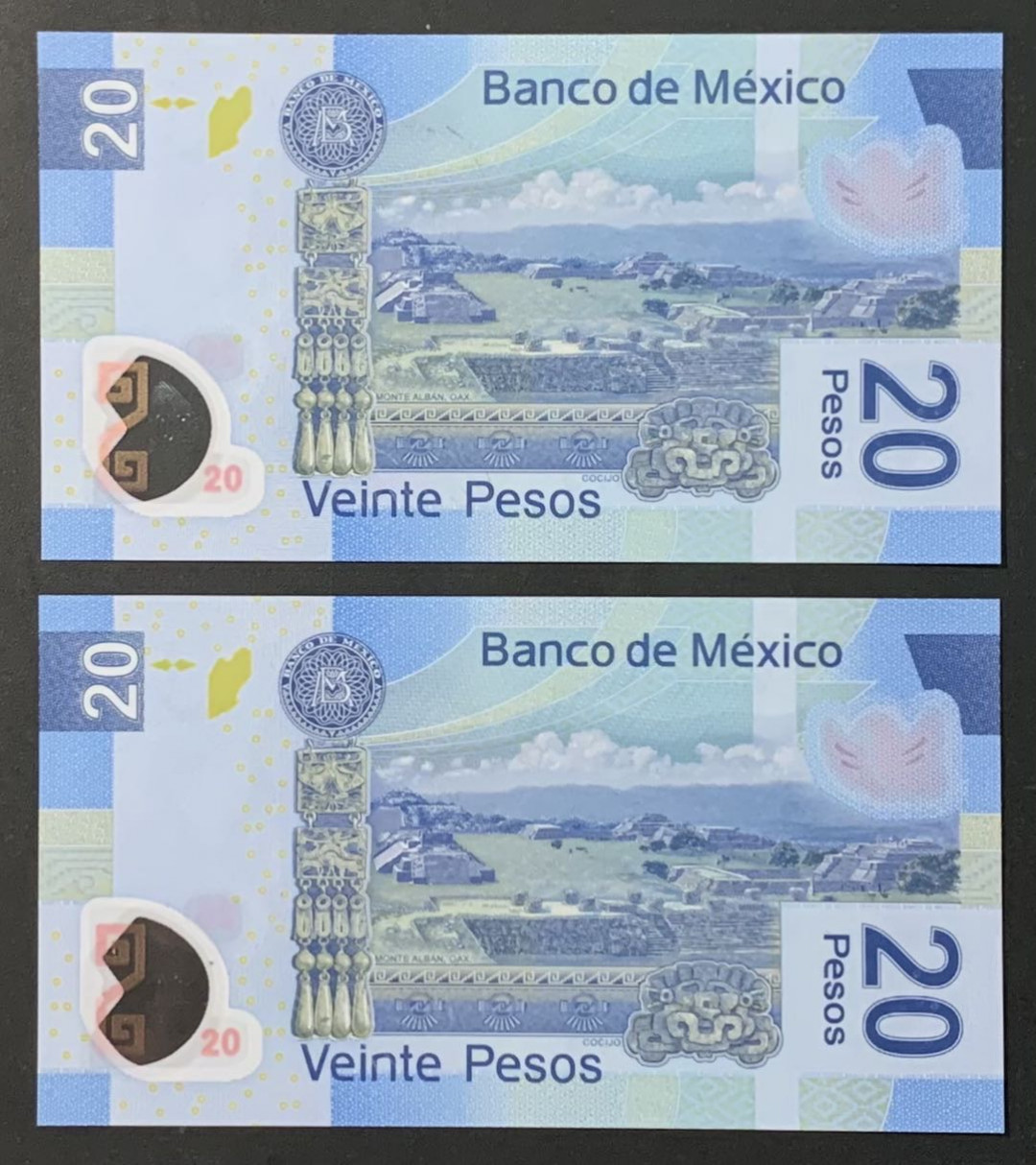 紫瑗钱币—微拍第118期 —纸币场 墨西哥 2016年  20比索 塑料币 AA系列A冠 首发 UNC  2枚一组