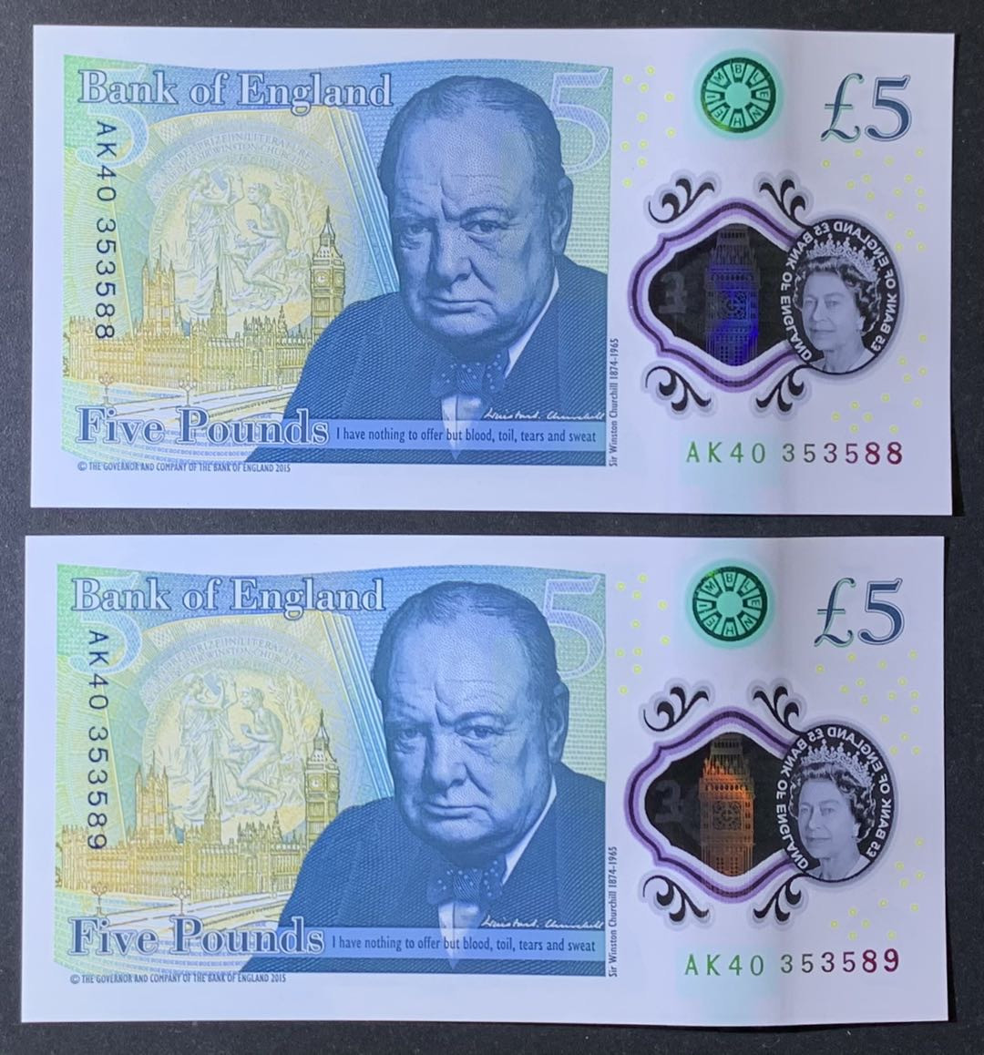 紫瑗钱币—微拍第118期 —纸币场 英国 2015年 丘吉尔 5英镑 塑料钞 UNC 2枚一组 （353588 353589）好号