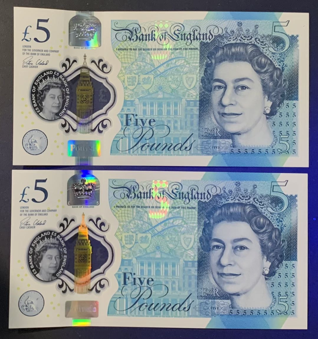 紫瑗钱币—微拍第118期 —纸币场 英国 2015年 丘吉尔 5英镑 塑料钞 UNC 2枚一组 （353588 353589）好号