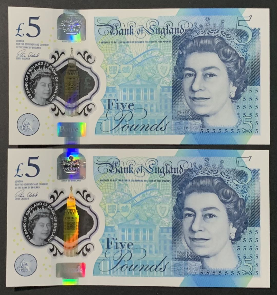 紫瑗钱币—微拍第118期 —纸币场 英国 2015年 丘吉尔 5英镑 塑料钞 UNC 2枚一组 （353588 353589）好号