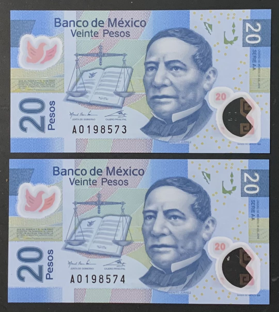 紫瑗钱币—微拍第118期 —纸币场 墨西哥 2016年  20比索 塑料币 AA系列A冠 首发 UNC  2枚一组