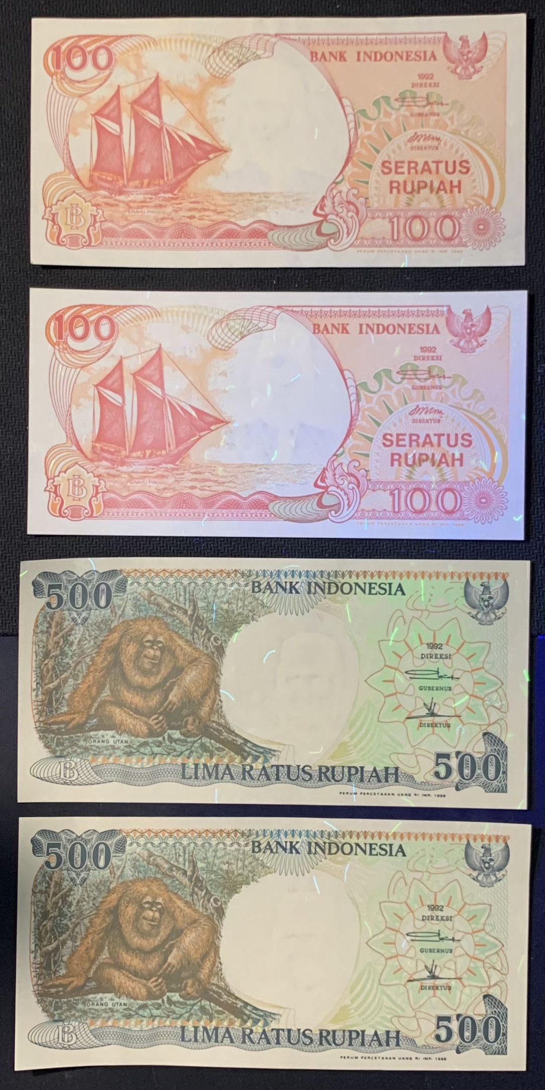 紫瑗钱币—微拍第118期 —纸币场 印度尼西亚 1992年 船 大猩猩 100 500卢比 4枚一组 UNC （P-127c 128h）