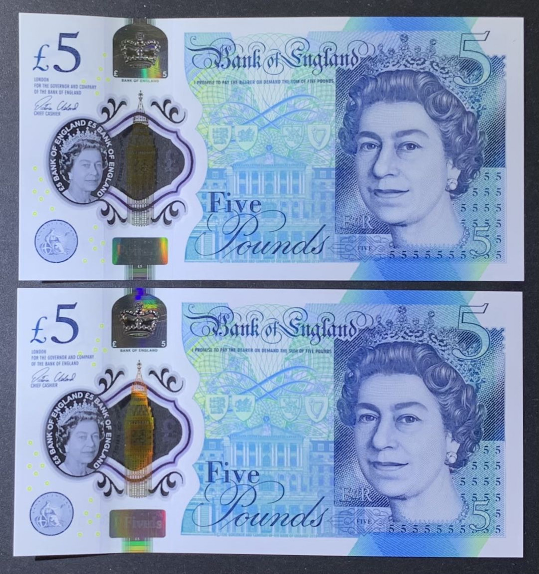 紫瑗钱币—微拍第118期 —纸币场 英国 2015年 丘吉尔 5英镑 塑料钞 UNC 2枚一组 （353588 353589）好号