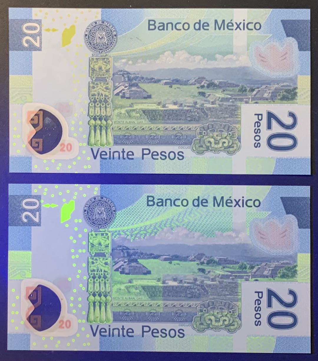 紫瑗钱币—微拍第118期 —纸币场 墨西哥 2016年  20比索 塑料币 AA系列A冠 首发 UNC  2枚一组