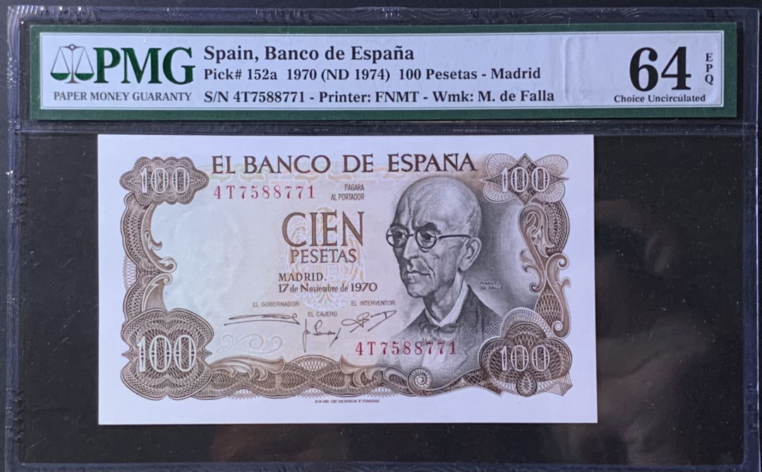 紫瑗钱币—微拍第118期 —纸币场 西班牙 1970（1974）年 100比塞塔 PMG 64 EPQ （P-152a）