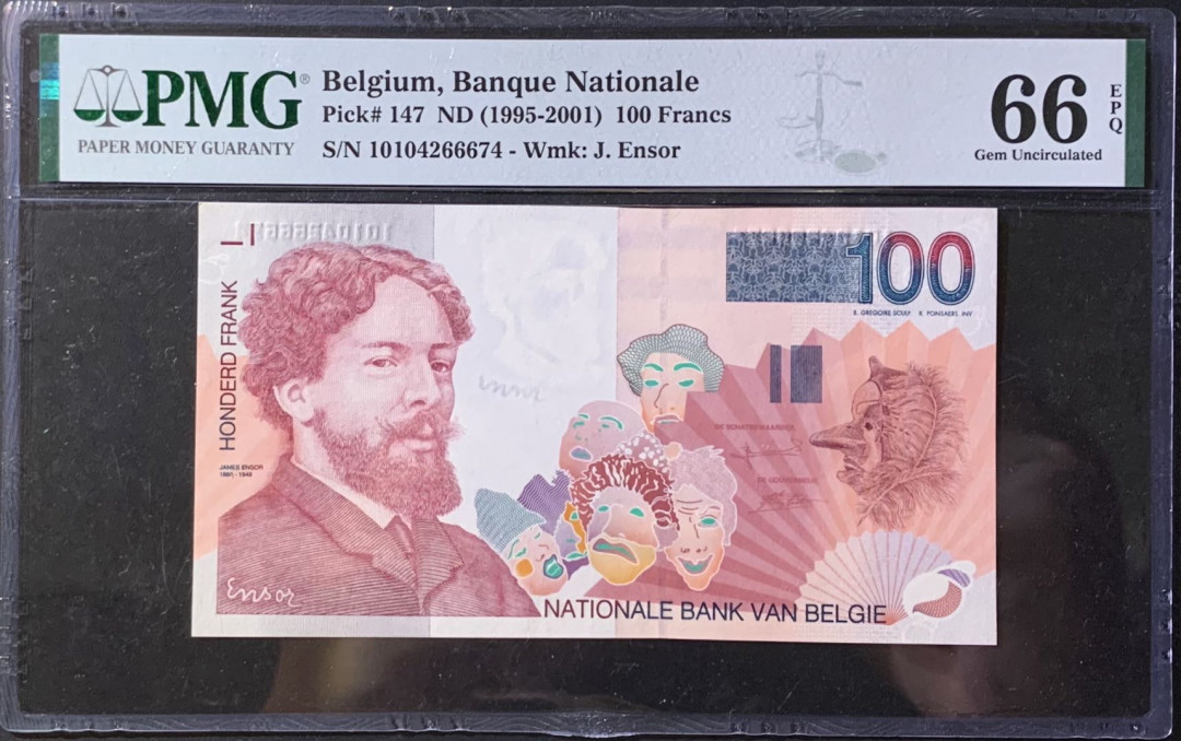 紫瑗钱币—微拍第118期 —纸币场 比利时 1995-2001年 詹姆斯恩索 100法郎 PMG 66 EPQ （P-147）