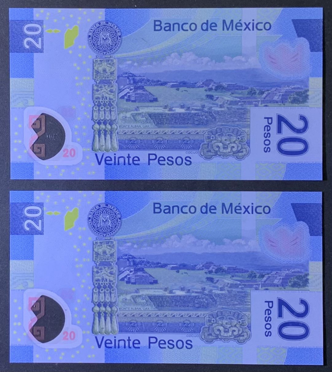 紫瑗钱币—微拍第118期 —纸币场 墨西哥 2016年  20比索 塑料币 AA系列A冠 首发 UNC  2枚一组