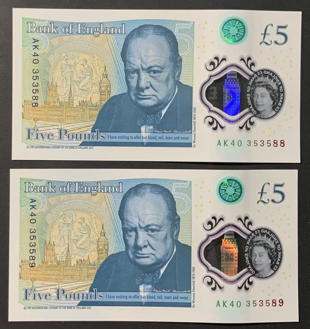 紫瑗钱币—微拍第118期 —纸币场 英国 2015年 丘吉尔 5英镑 塑料钞 UNC 2枚一组 （353588 353589）好号