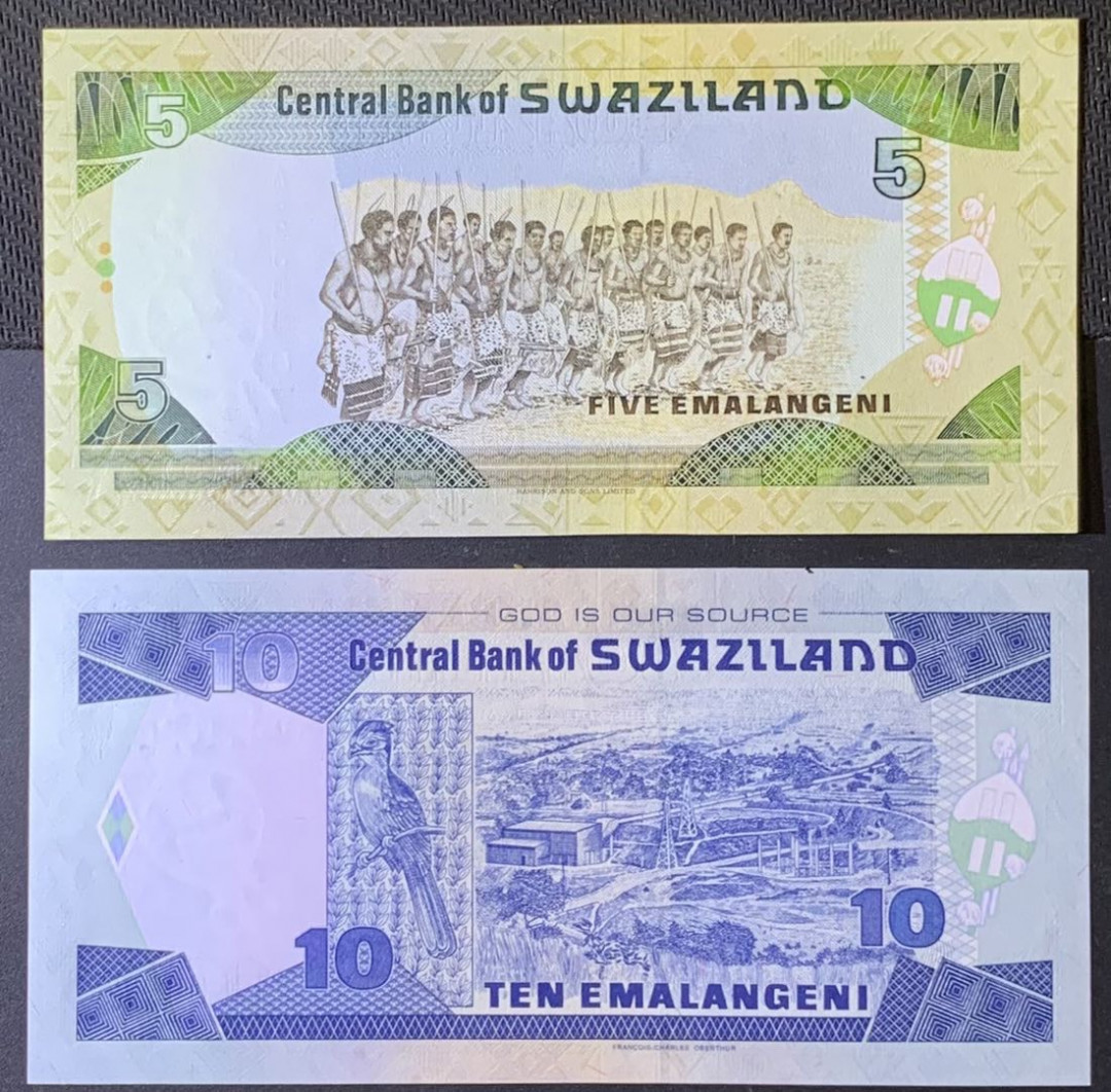 紫瑗钱币—微拍第118期 —纸币场 斯威士兰 1995年 5 10 里兰吉尼 UNC 2枚一组 (P-23a P-24b)