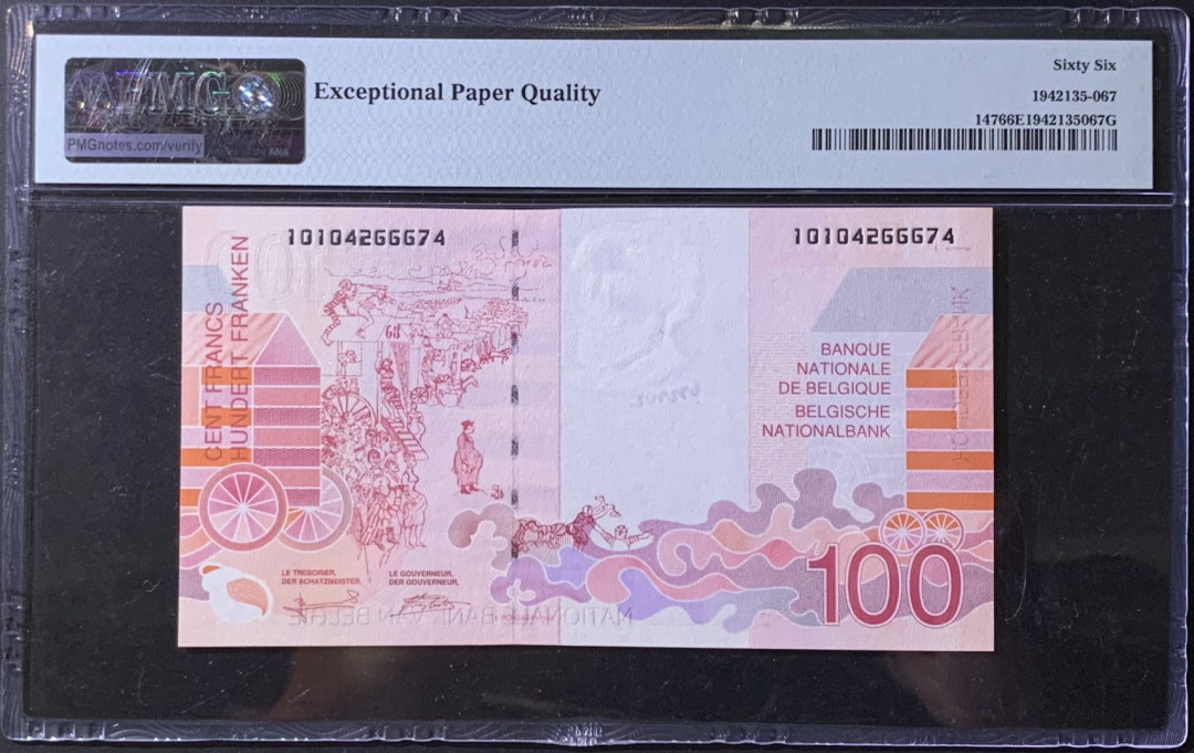 紫瑗钱币—微拍第118期 —纸币场 比利时 1995-2001年 詹姆斯恩索 100法郎 PMG 66 EPQ （P-147）
